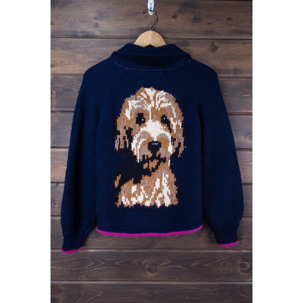 Pilcro Anthropologie Jesse Doodle Dog Icon Cardigan Women's Small Navy Pink NWT